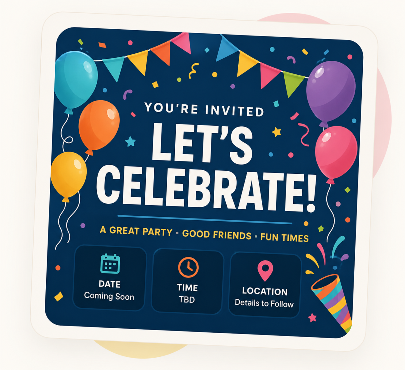 Colorful generic party invitation example with balloons, confetti and celebration details